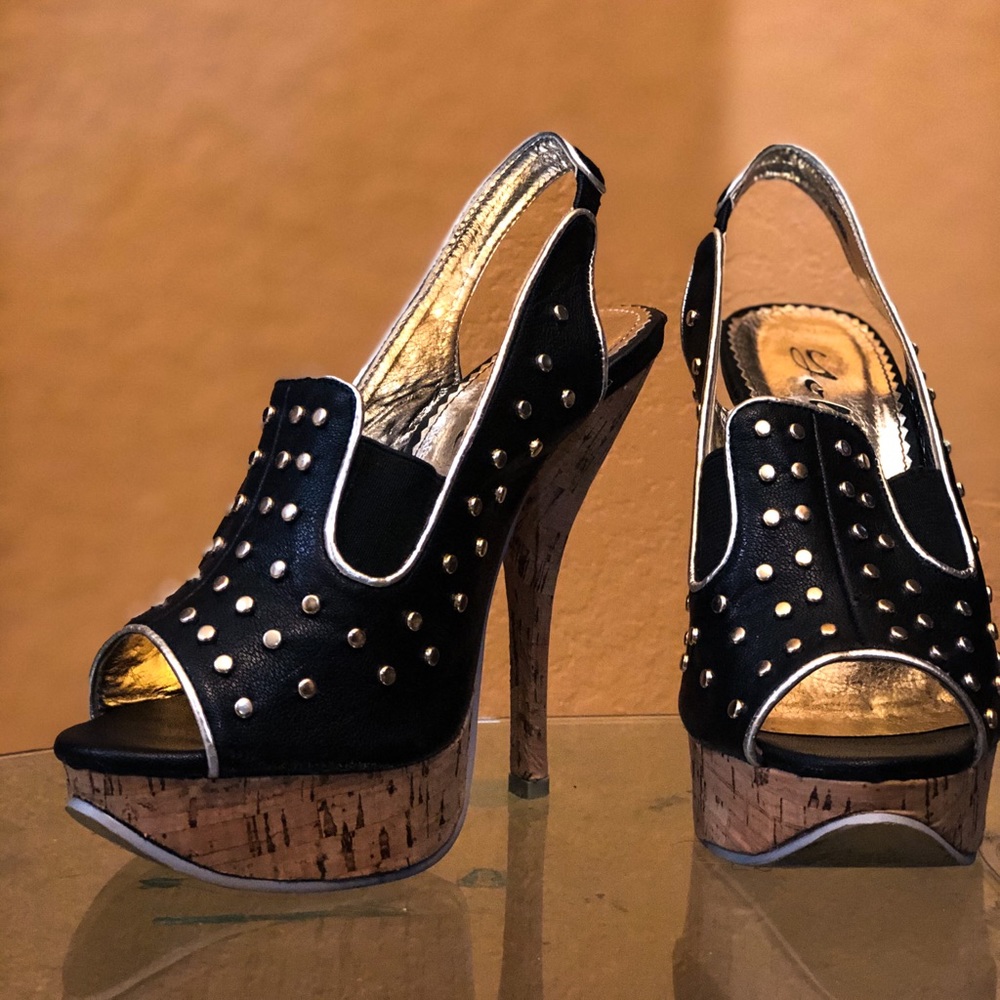 Black gold cork studded platform heels